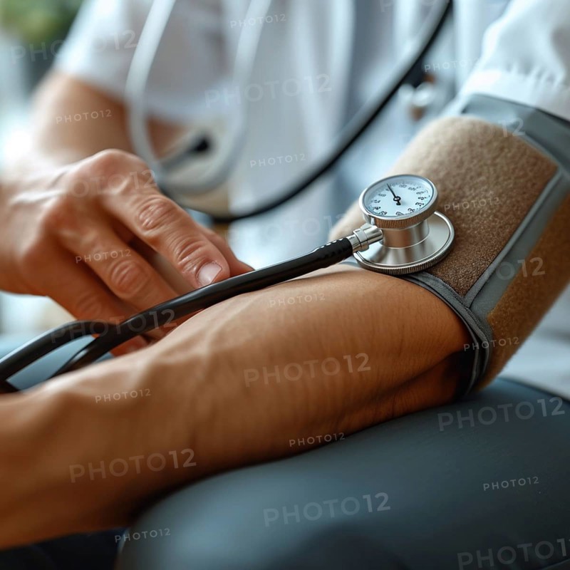 A man checks his blood pressure with a measuring device. Avoidance of bulk hypertension, scarcity, precaution, AI generated