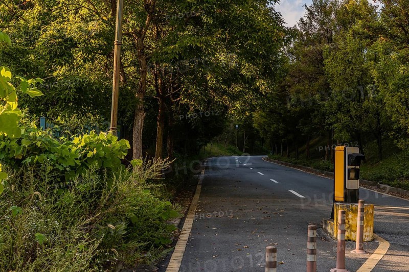 Traffic monitor device used to read license plates on two lane paved road in industrial park