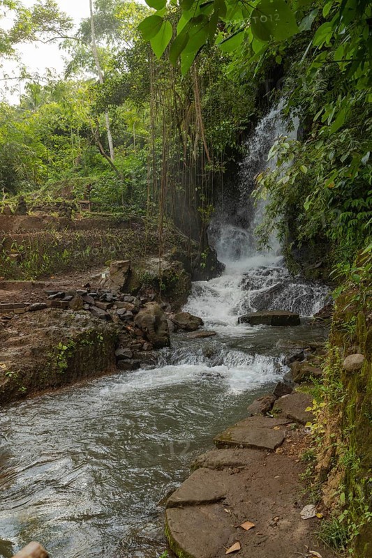 Uma Anyar waterfall, Bali island, Ubud, Indonesia. Jungle, tropical forest, daytime with cloudy sky