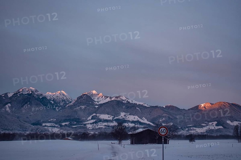 Snowy landscape at sunrise with mountain panorama, view of Wendelstein, Nussdorf, Bavaria, Germany, Europe