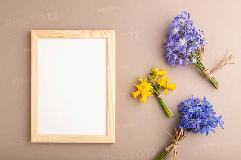 Wooden frame with spring snowdrop flowers bluebells, narcissus on beige pastel background. top view, flat lay, copy space, still life, mockup, template. Beauty, spring concept