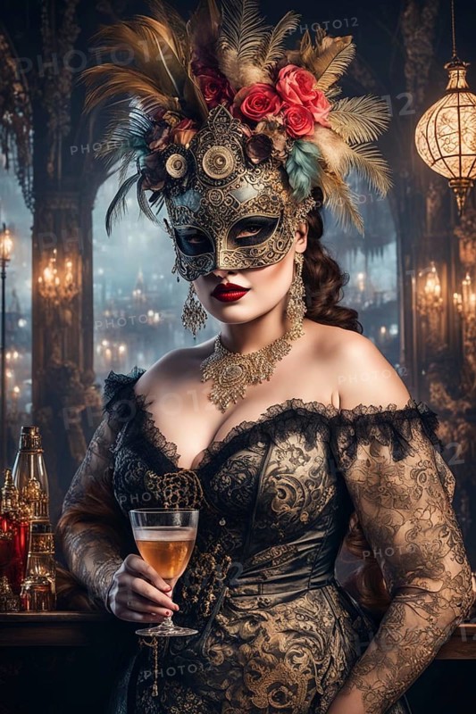 Portrait vibrant curvy woman wear carnival mask, antique lace costume in misty venetian cityscape after sunset in evening, ai generated, AI generated