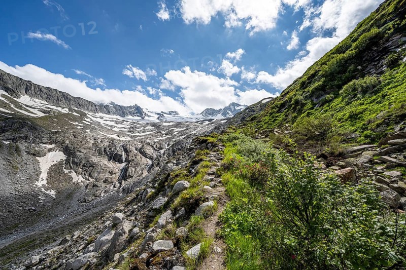 Hiking trail in Bergladnschaft, behind mountain peak and glacier Waxeggkees, Berliner Hoehenweg, Zillertal Alps, Tyrol, Austria, Europe
