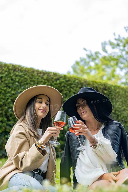 Vertical portrait of beautiful smiling women in hats toasting and drinking wine in park