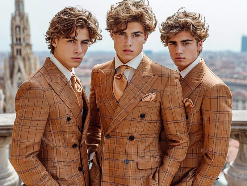 Fashion in Italy, men posing with new trendy fashion generated in Milan, AI generated
