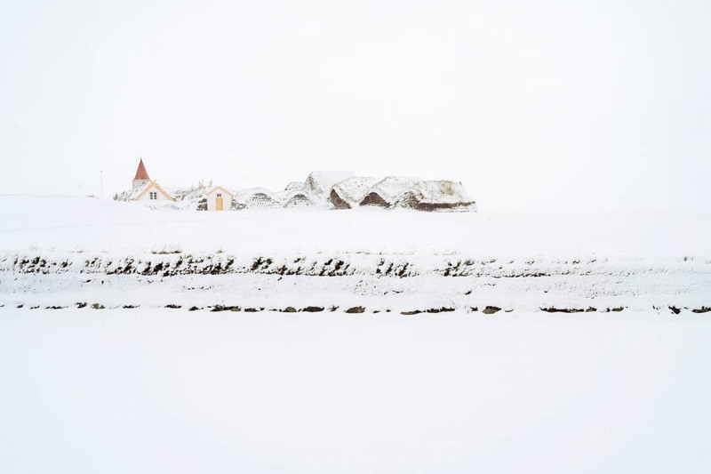 Grass sod houses, peat farm or peat museum Glaumbaer or Glaumbaer in winter, Skagafjoerour, Norourland vestra, Iceland, Europe