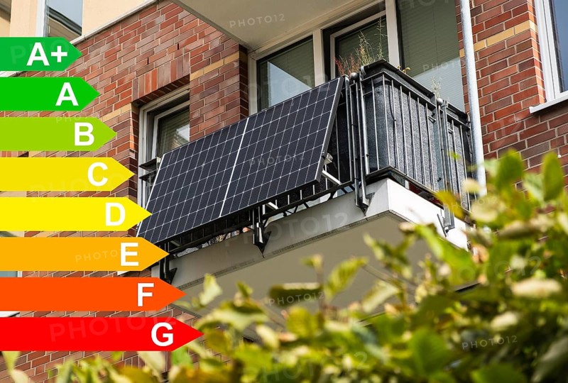 Balcony power station on an apartment block, diagram with energy efficiency classes for buildings in accordance with the GEG, Duesseldorf, Germany, energy efficiency, Europe