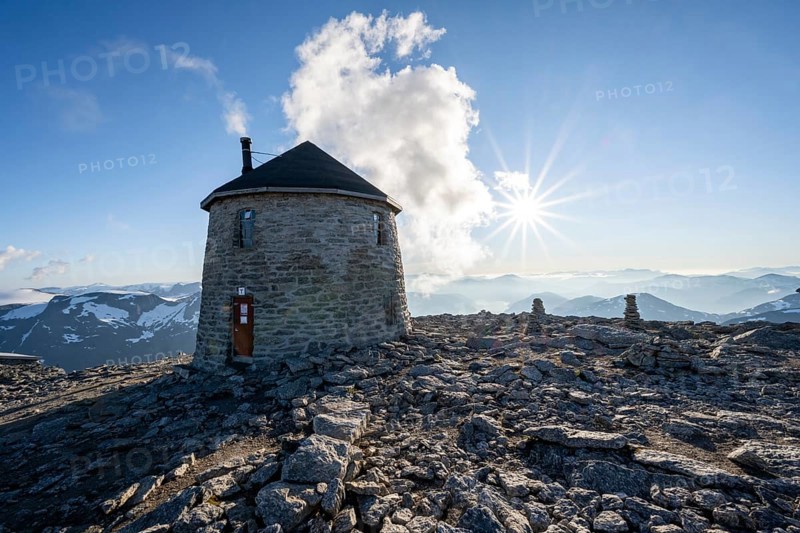 DNT's old mountain hut Skalatarnet, at the summit of Skala, Sonnenstern, Loen, Norway, Europe