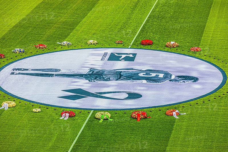 Banner with Franz Beckenbauer and wreaths of flowers, funeral service of FC Bayern Munich for Franz Beckenbauer, Allianz Arena, Froettmaning, Munich, Upper Bavaria, Bavaria