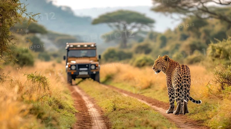 Leopard (Panthera pardus) in natural environment with Jeep, Landrover, AI generated