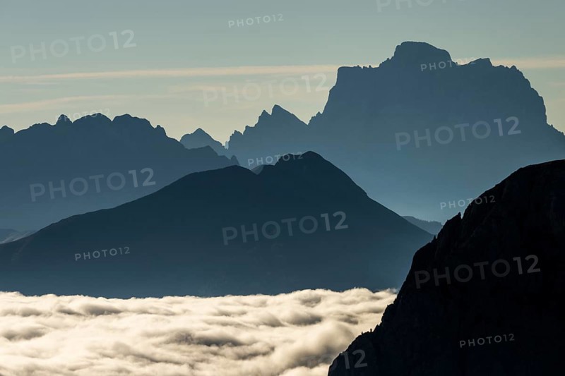 Sea of fog with rocky peaks of the Dolomites, Corvara, Dolomites, Italy, Europe