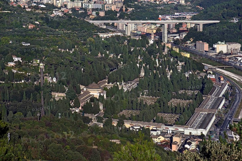 View from Granarolo to the Staglieno Monumental Cemetery, Italian Cimitero monumentale di Staglieno, behind the New Morandi Bridge, Genoa, Italy, Europe