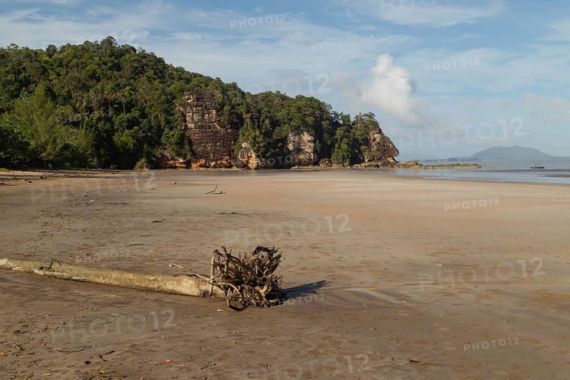 Bako national park, sea sandy beach, sunny day, blue sky and sea. Vacation, travel, tropics concept, no people, Malaysia, Kuching, Asia