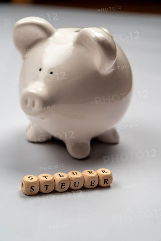 White piggy bank and tax lettering against a white background, studio photo, Germany, Europe