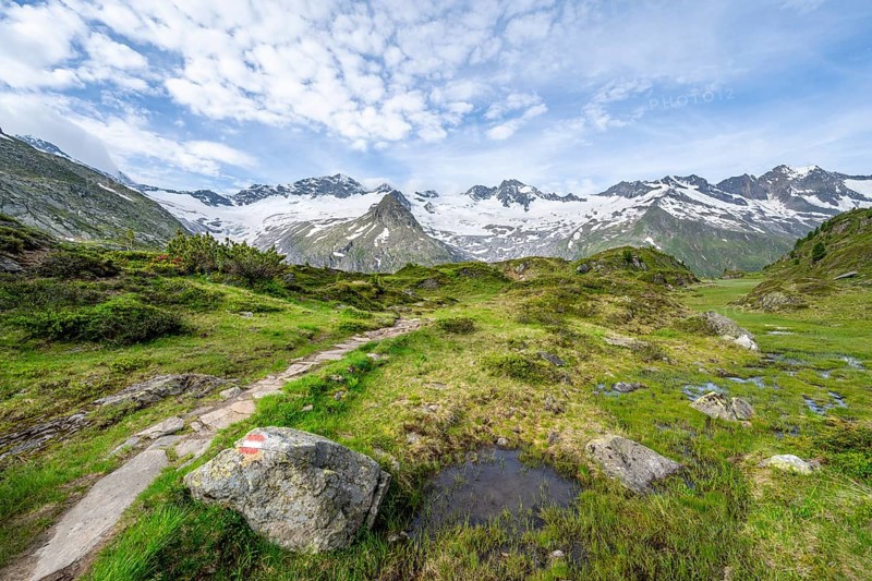 Hiking trail in picturesque mountain landscape, mountain peaks with snow and glacier Hornkees and Waxeggkees, summit Grosser Moeseler and Hornspitzen, Berliner Hoehenweg, Zillertal Alps, Tyrol, Austria, Europe
