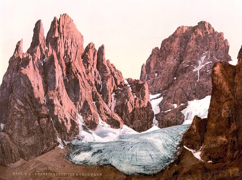 The mountains Fuenffingerspitze, Punta delle Cinque Dita, and Grohmann, South Tyrolean Dolomites, formerly Austro-Hungary, today Italy, c. 1890, Historic, digitally restored reproduction from a 19th century original The mountains Fuenffingerspitze and Grohmann, Tyrol, former Austro-Hungary, today Italy, 1890, Historic, digitally restored reproduction from a 19th century original