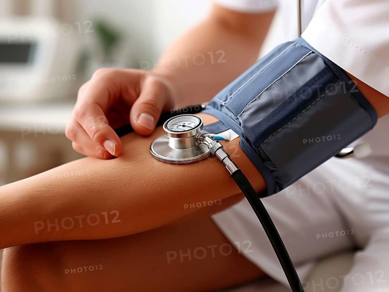 A man checks his blood pressure with a measuring device. Avoidance of bulk hypertension, scarcity, precaution, AI generated