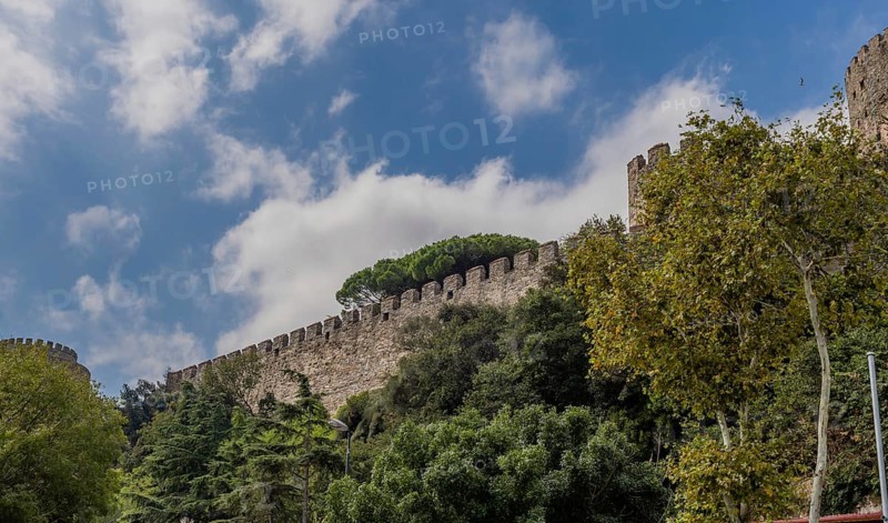 Wall of castle ruins behind treeline against blue partly cloudy sky in Istanbul, Tuerkiye