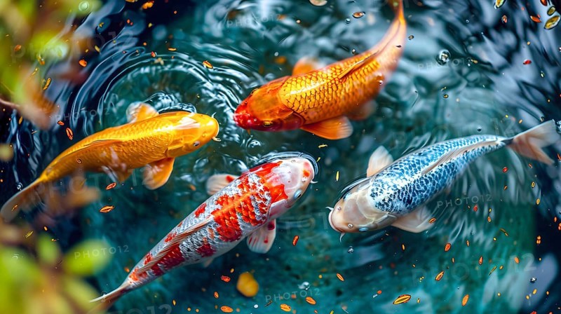 Four colourful koi carp swim in a small pool with clear water, KI generated, AI generated