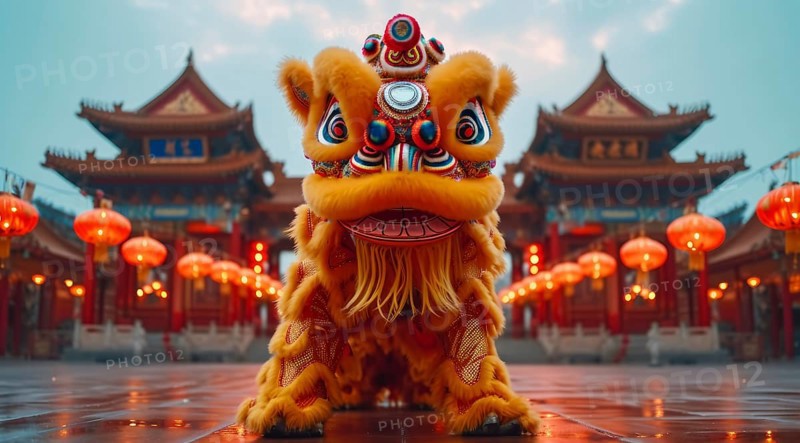 A lion dance costume in a pagoda courtyard surrounded by red lanterns to celebrate the chinese new year, AI generated