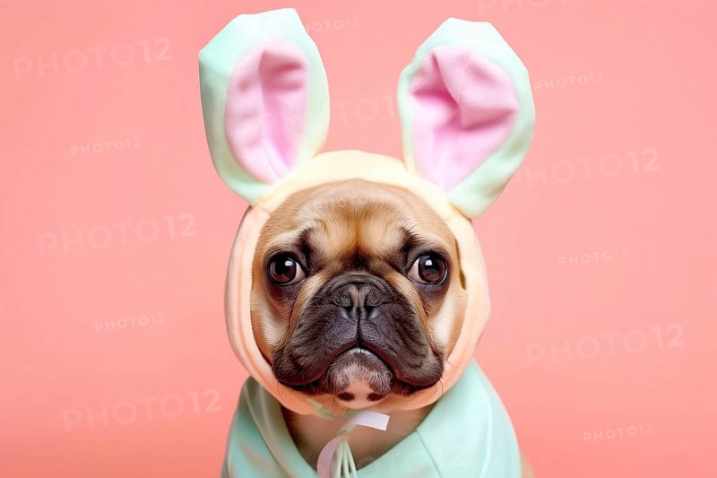 French Bulldog dog puppy wearing pink Easter bunny hoodie with ears. KI generiert, AI generated