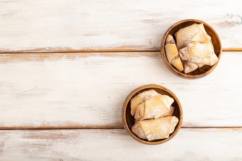 Homemade sweet cookie with apple jam on white wooden background. top view, flat lay, copy space