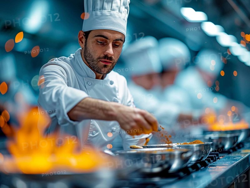 Chefs in a commercial kitchen at work, AI generated