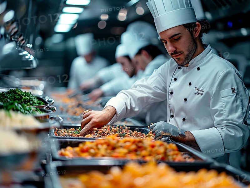 Chefs in a commercial kitchen at work, AI generated