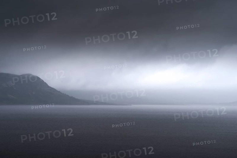 Uncomfortable atmosphere at lake Soenstevatn, landscape format, light mood, thunderstorm, rain, Uvdal, Viken, Norway, Europe