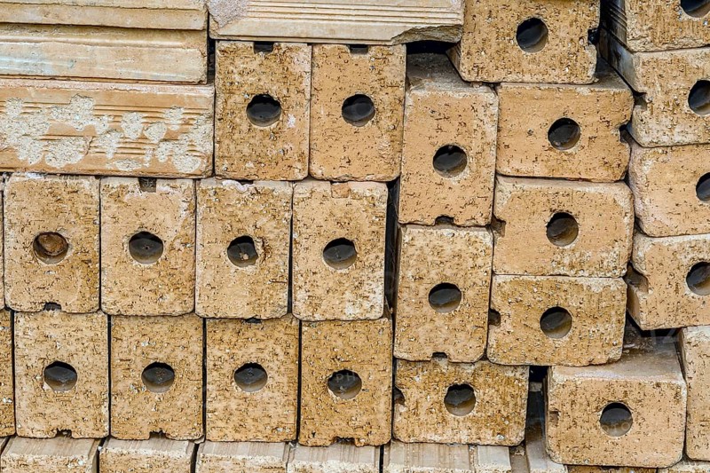 Closeup of clay bricks stacked neatly on top of each other in South Korea