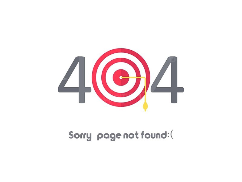 Error message with a target graphic and '404, Sorry page not found' text