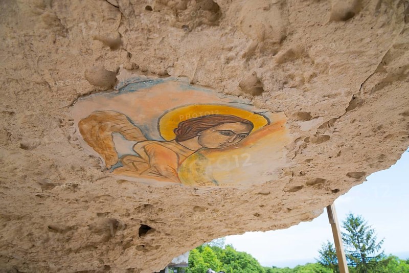 A ceiling fresco of an angel in a cave damaged by erosion, ceiling painting, Aladja Monastery, Aladja Monastery, Aladzha Monastery, medieval rock monastery, cave monastery in a limestone cliff, Varna, Black Sea coast, Bulgaria, Europe