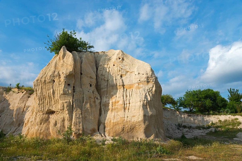 A solitary sandstone rock formed by erosion with a tree on top under a blue sky with clouds, mountain with breeding caves of bee-eaters, Vladimirovo, Dobrich, Black Sea, Bulgaria, Europe