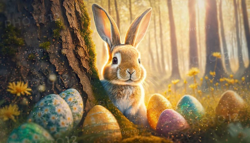 Cute rabbit character hiding behind a tree stem in the woods with Easter eggs among blooming flowers. Generative AI art, AI generated