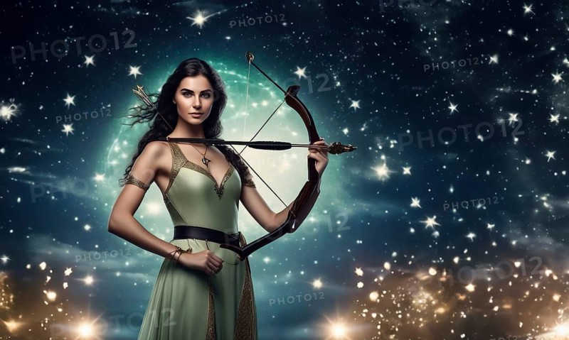 Young woman Sagittarius zodiac sign with dark hair and green eyes against the background of the starry sky. interpretation of the zodiac sign in human form.AI generated
