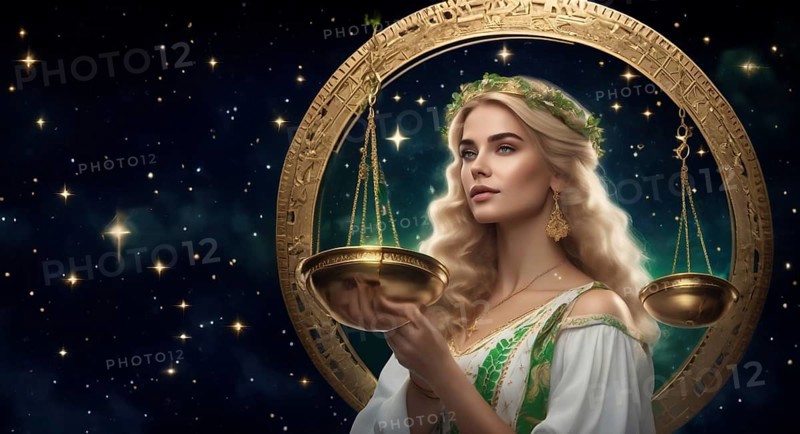 Young Libra woman with blond hair and blue eyes against the background of the starry sky. interpretation of the zodiac sign in human form. AI generated