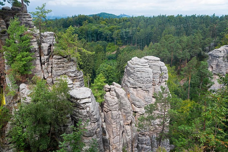 Majestic rock formations rise up in the middle of a dense forest under a cloudy sky, Prachovske skaly, Prachov Rocks, Bohemian Paradise, Cesky raj, Czech Republic, Europe