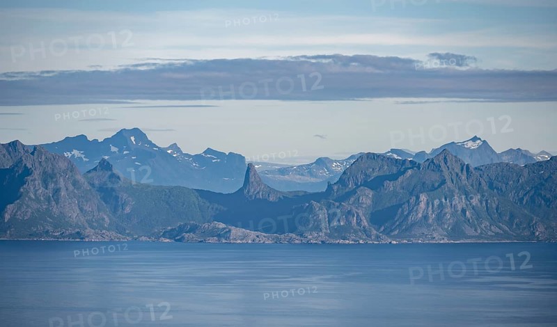 Sea Vestfjorden and mountain peaks on the coast, view from the top of Dronningsvarden or Stortinden, Vesteralen, Norway, Europe