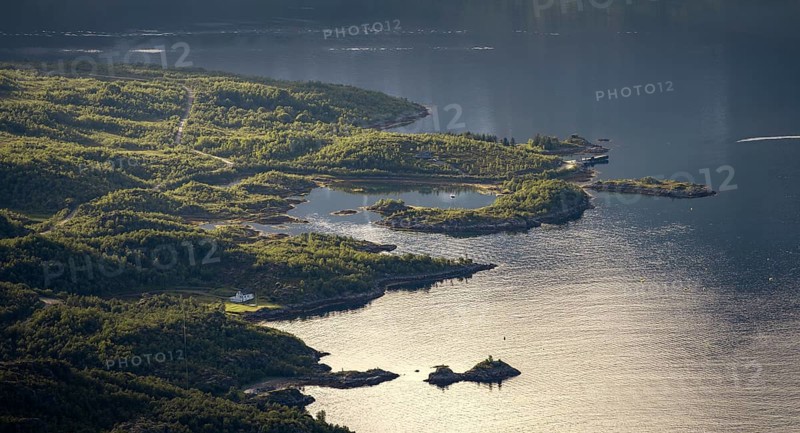 Coast in atmospheric evening light, view from the summit of Dronningsvarden or Stortinden, Raftsund, Vesteralen, Norway, Europe