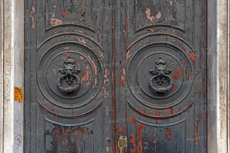 Two door knockers with lion heads on a large entrance door in the historic centre, Genoa, Italy, Europe