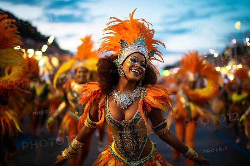Captivating image capturing the essence of the Rio Carnival, showcasing a dancer adorned in an elaborate, vibrant costume, embodying the spirit and energy of this iconic festival, AI generated