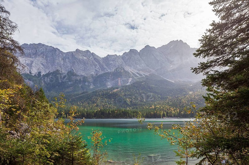 Zugspitze massif and Zugspitze with Eibsee lake, Wetterstein mountains, Grainau, Werdenfelser Land, Upper Bavaria, Bavaria, Germany, Europe