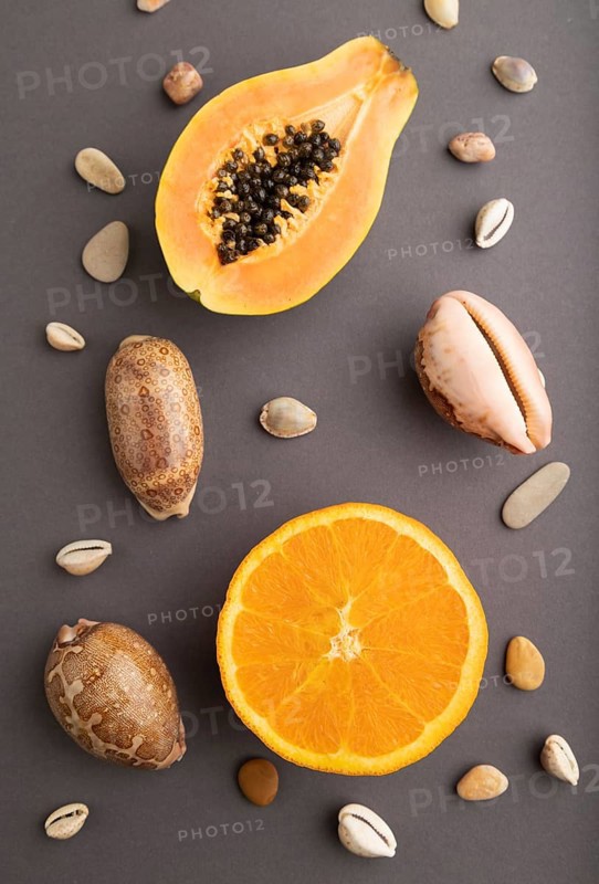 Ripe cut papaya, orange, seashells on gray pastel background. Top view, flat lay, close up. Tropical, healthy food, vacation, holidays concept, minimalism