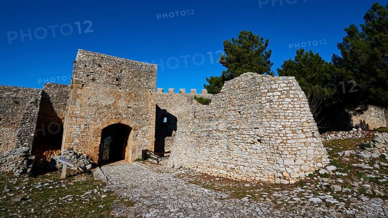 Sunny view of the entrance gate of an old fortress ruin, Chlemoutsi, High Medieval Crusader Castle, Kyllini Peninsula, Peloponnese, Greece, Europe