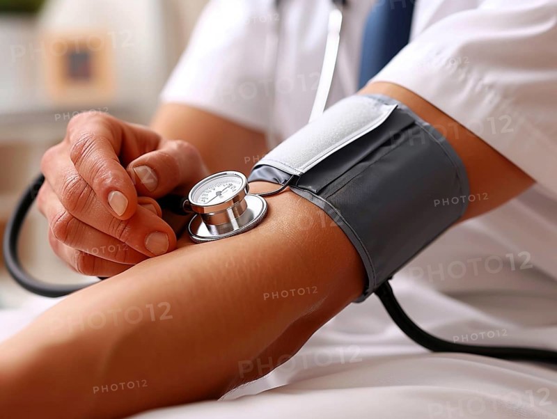 A man checks his blood pressure with a measuring device. Avoidance of bulk hypertension, scarcity, precaution, AI generated