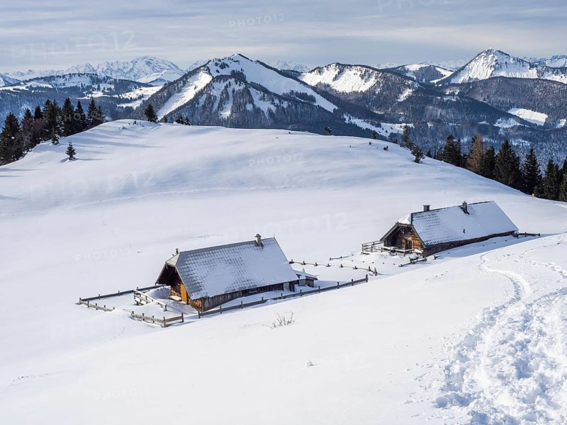 Winter atmosphere, snow-covered landscape, snow-covered alpine peaks, alpine huts on the Schafbergalm, near St. Wolfgang am Wolfgangsee, Salzkammergut, Upper Austria, Austria, Europe
