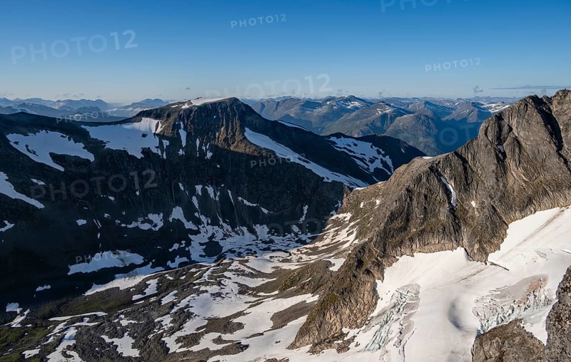 Mountain panorama, glacier remains of Skalabreen, view from the summit of Skala, Loen, Norway, Europe