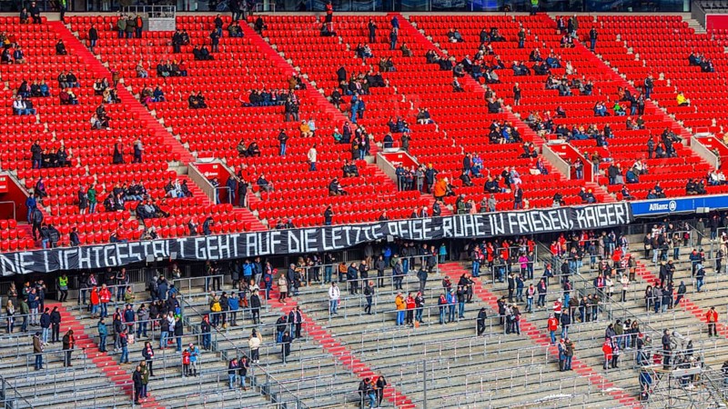 Banner in honour of Franz Beckenbauer in the south curve, funeral service of FC Bayern Munich for Franz Beckenbauer, Allianz Arena, Froettmaning, Munich, Upper Bavaria, Bavaria