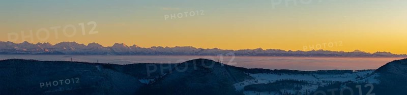 Large Alpine panorama with Bernese and French Alps with Wildstrubel, Stockhorn, Dent Blanche and Mont Blanc, first Jura chain in front, drone shot, Brunnersberg, Solothurn, Switzerland, Europe