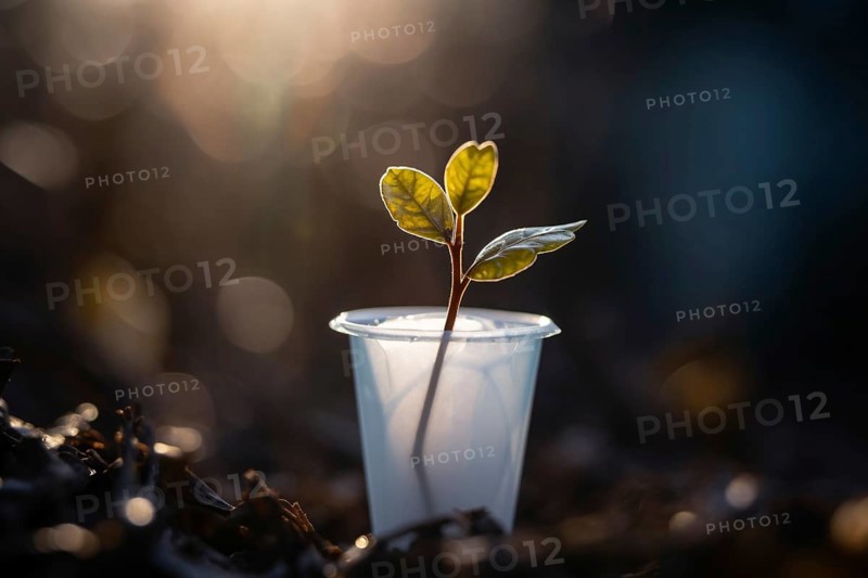Small plant seedling in plastic cup. KI generiert, generiert AI generated